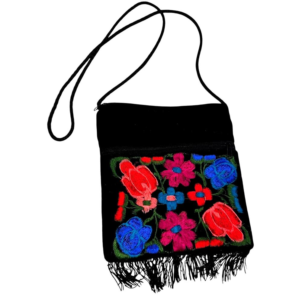 Tassel Zip Embroidered Flower Design Purse Velvet